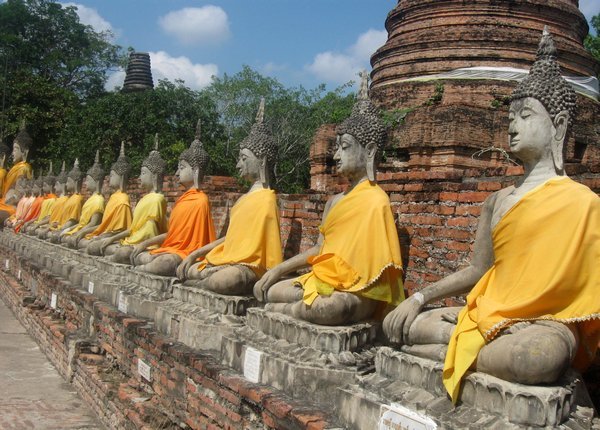 Rows of Buddha statues at Wat Yai Chaya Mongkol