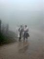 Young girls walking in fog along mountain road near Sin Ho