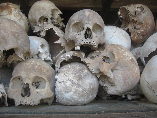 Some of the 8000 skulls in the Memorial Stupa at the Killing Fields