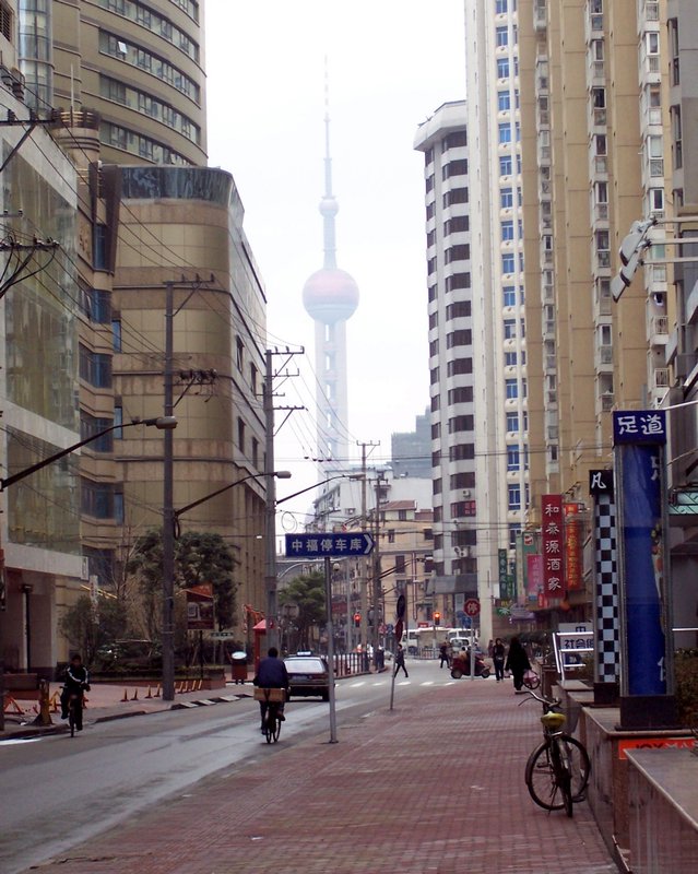 View of Oriental Pearl TV Tower from the street outside our hotel