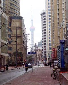 View of Oriental Pearl TV Tower from the street outside our hotel