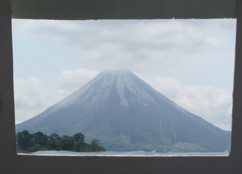 View of Arenal Volcano from the boat window as we crossed the lake
