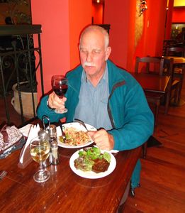 Jerry enjoying a meal at the lovely cafe in Hostal Naira