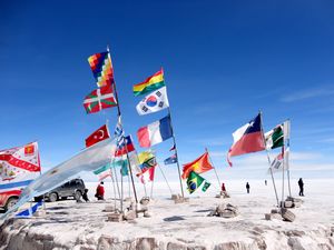 Flags of many nations in the centre of the Salar