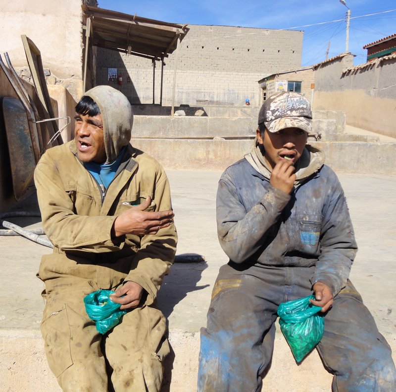 Workers, chewing cocoa leaves, at the processing plant