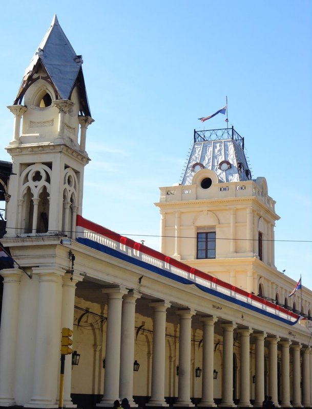 Bunting decorating the railway station in Asuncion