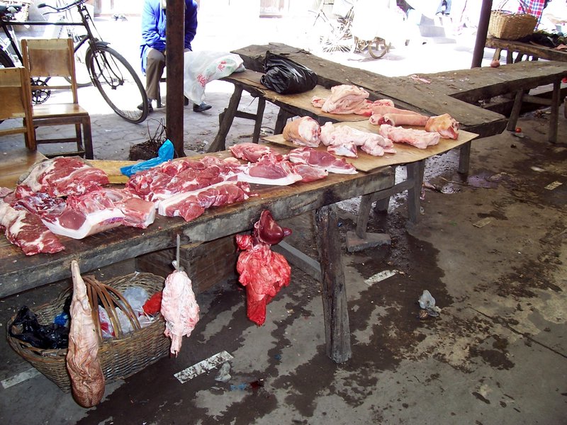 Butchers stall in market, Guangshui