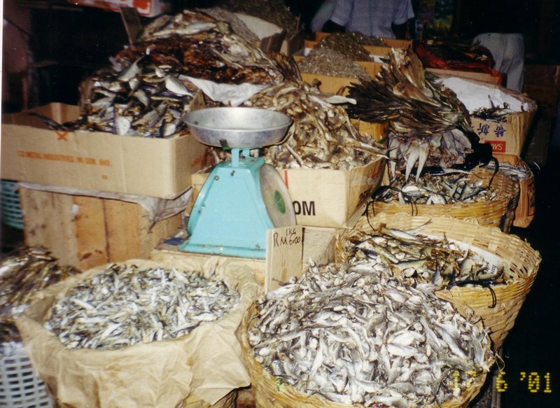Baskets of dried fish at the markets
