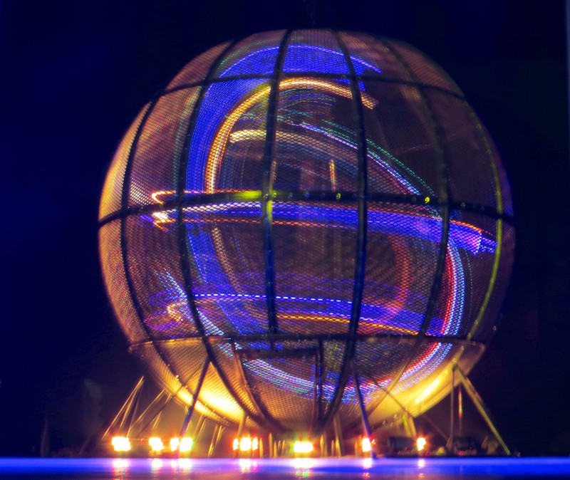 Sphere of eight roaring motorbikes at the acrobatic theatre