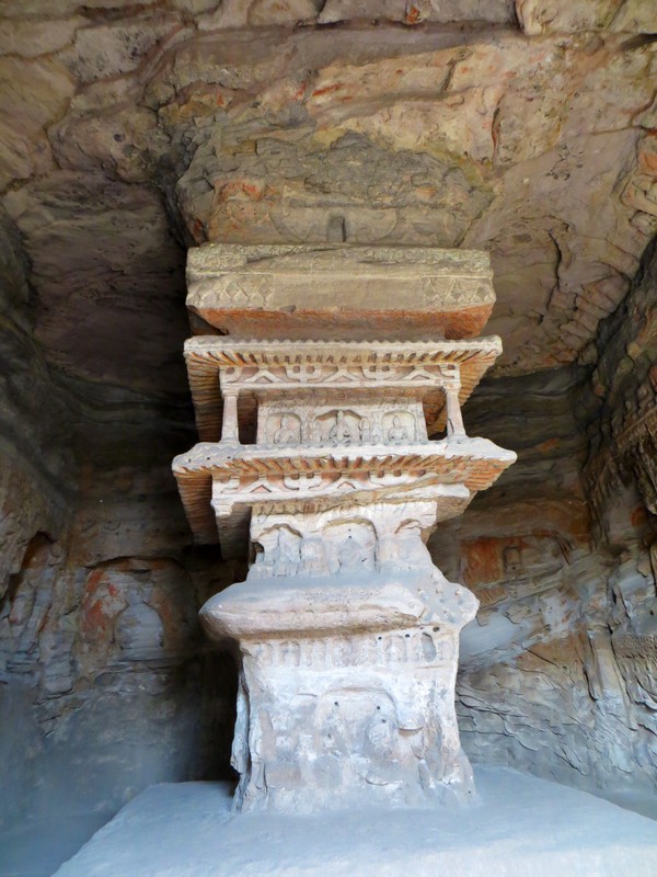 One of the stone square pagodas within a cave at Yungang Caves
