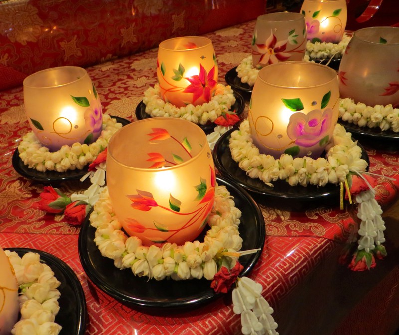 Candles and jasmine garlands in Sri Veeramakaliamman Temple.