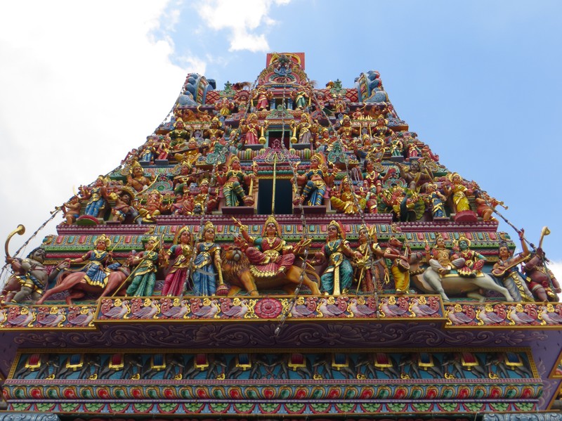 The colourful sculptures on the exterior tower of the Sri Veeramakaliamman Temple..