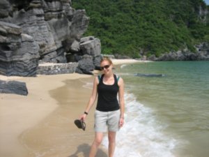 Jane on the beach at Cat Ba Island, Halong Bay