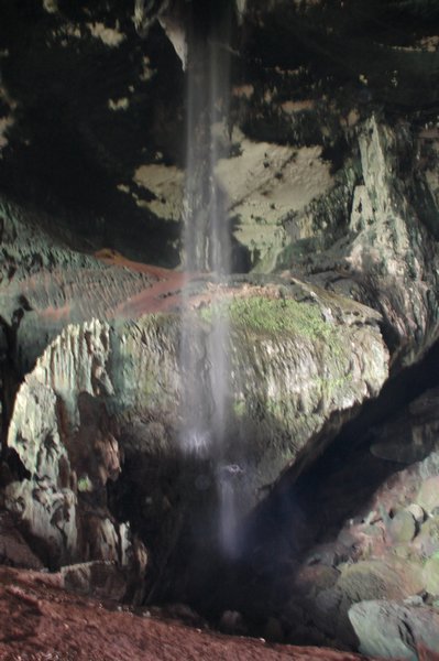 Huge water fall inside the cave started by the heavy rain