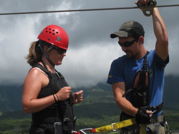 Bud Bundy prepping Kim for the first zipline of the day