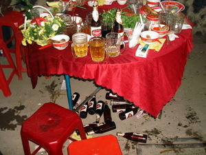 Beer bottles under table