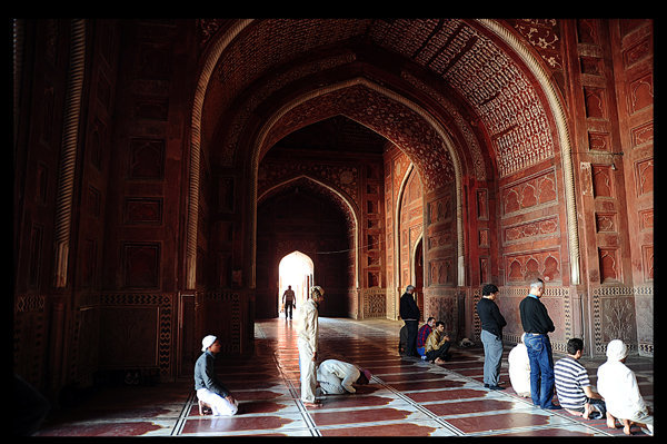 Muslims at prayer in the Mosque inside the Taj mahal Complex