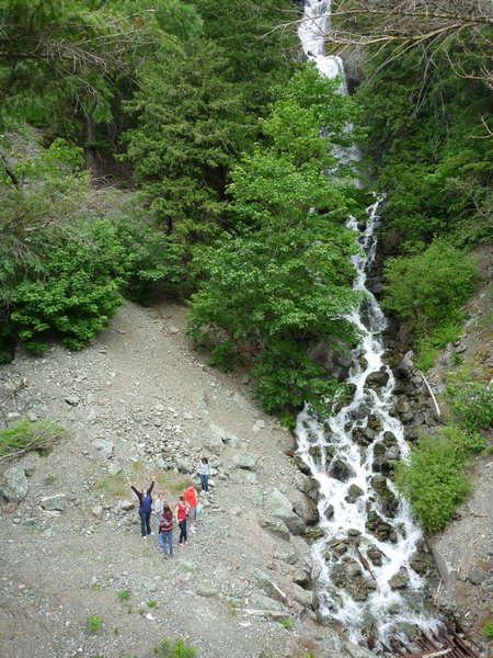 Everyone at a waterfall on the way to Lytton