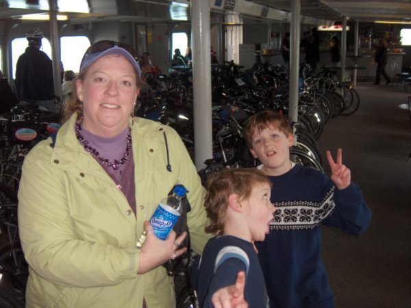 Beth, Josh and CJ on Ferry back from bike trip