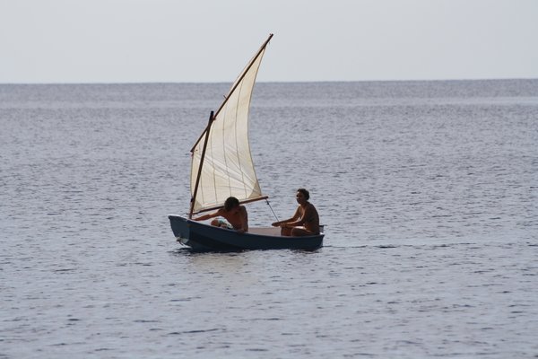 Nik and Luke in the dinghy, Madeira Island