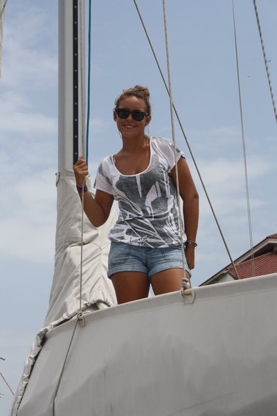 Nikki in the rigging - Panama Canal Crossing