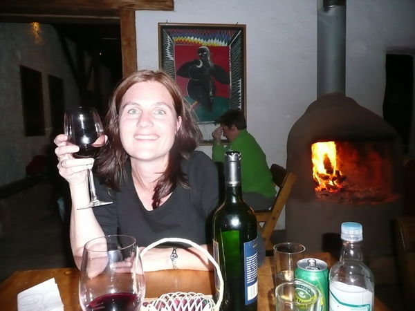 Jane nyter vin foran peisen