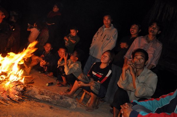 Campfire crowd in Yao village