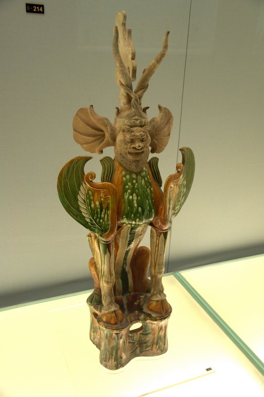 Polychrome-glazed pottery-figurine of tomb-guardian beast