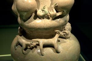 Celadon jar with modeled human figurines; Wuzhou ware