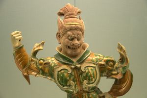 Polychrome-glazed pottery statue of heavenly guardian