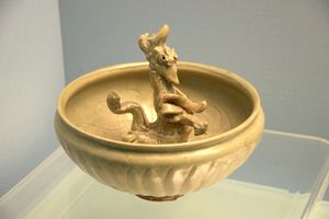 Celadon Bo (bowl) with modeled dragon design