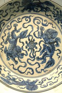Dish with underglaze blue design of two lions playing a ball