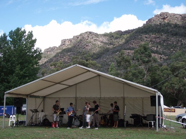 One of the tents at the jazz festival with the Grampian mountains behind