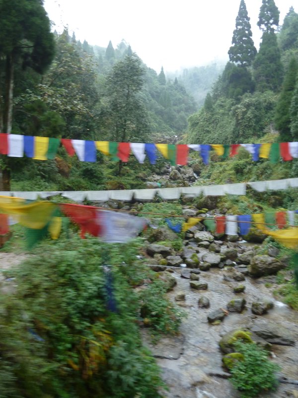 View of prayer flags from train