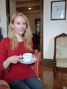 Jennifer having afternoon tea at the Elgin