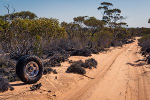 A wheel and tyre left behind