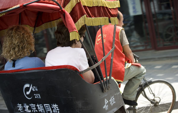 Anne and McCall on pedicab ride through hutongs - Beijing