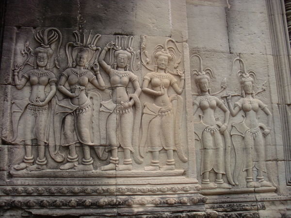 Apsara (heavenly nymphs) carvings (3,000 at Angkor Wat with 30 different hairstyles!)