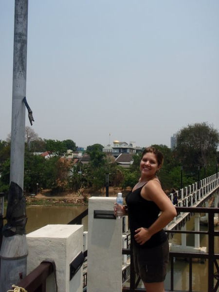 Claire on the footbridge over the Mae Ping River