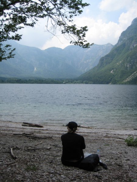 Anna reflecting by Lake Bohinj