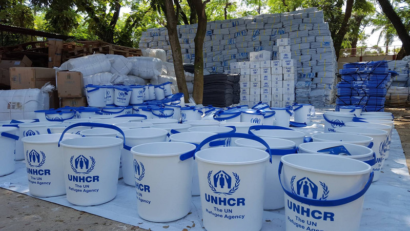 Emergency relief items ready for distribution to refugees