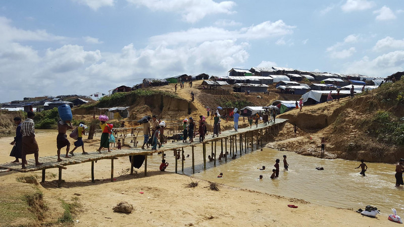 Bamboo footbridge built to facilitate access to the new Kutupalong refugee settlement area