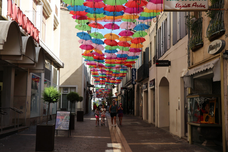 We stumbled on a pedestrian shopping street with decorated with umbrellas