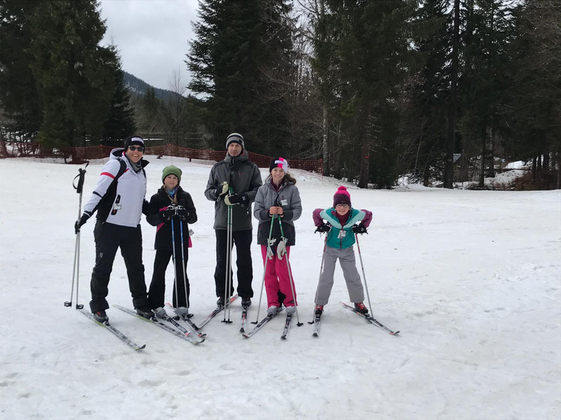 Family cross country skiing.