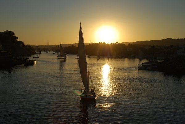 Felucca sailing past at sunset