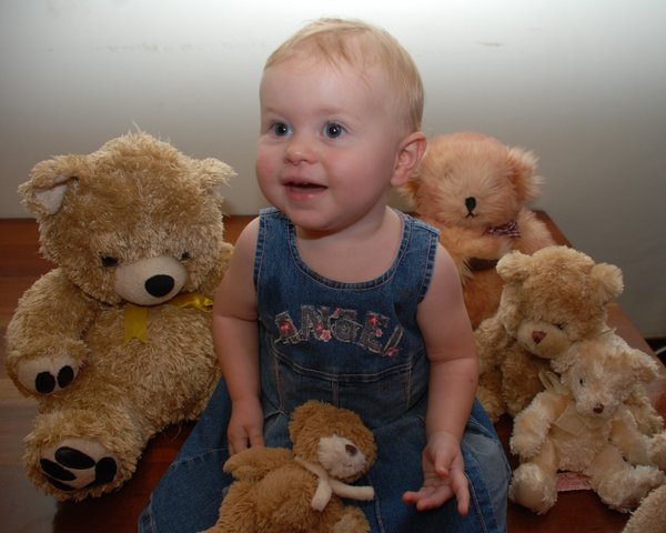 Hayley with her teddys