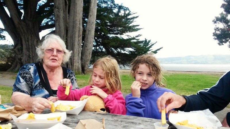 Fish and Chips with Grandma at Huia.