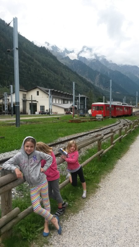 Mountain train with snowy mountains in the background