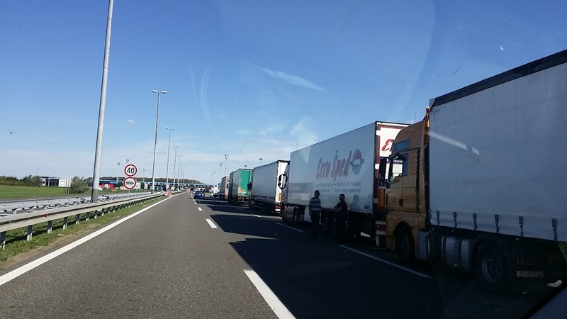 Trucks waiting to cross the border