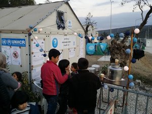 UNHCR information booth at Moria.